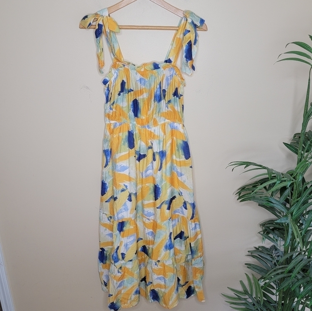 NWT By The River Yellow & Blue Abstract Midi Summer Dress Size Large Tiered Look